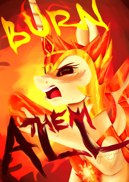 Size: 2894x4093 | Tagged: safe, artist:maeveadair, artist:yoonergetic, derpibooru import, daybreaker, princess celestia, alicorn, pony, angry, commission, fire, game of thrones, image, open mouth, png, raised hoof, reference, simple background, solo, text