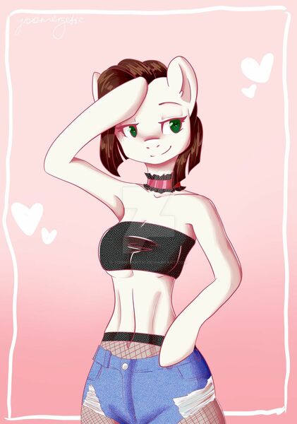 Size: 1280x1825 | Tagged: suggestive, artist:yoonergetic, derpibooru import, oc, oc:symphone, unofficial characters only, anthro, earth pony, pony, arm hooves, armpits, breasts, choker, clothes, deviantart watermark, female, fishnets, obtrusive watermark, shorts, solo, underboob, watermark