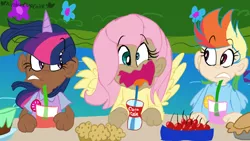 Size: 800x450 | Tagged: artist:mirabuncupcakes15, burp, cake, cherry, clothes, coke, dark skin, derpibooru import, drink, drinking straw, female, fluttershy, food, glass, horn, horned humanization, human, humanized, muffin, open mouth, pie, rainbow dash, safe, shirt, soda, straw, sweater, sweatershy, trio, t-shirt, twilight sparkle, vest, winged humanization, wings