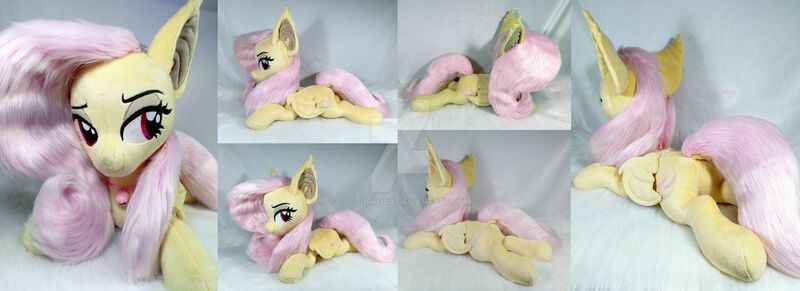 Size: 1280x466 | Tagged: safe, artist:doctorkoda, derpibooru import, fluttershy, bat pony, pony, bat ponified, flutterbat, irl, photo, plushie, prone, race swap, solo