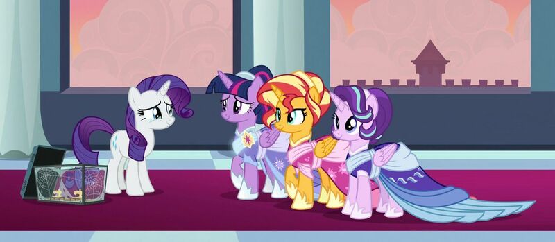 Size: 1280x559 | Tagged: safe, alternate version, artist:3d4d, artist:orin331, derpibooru import, edit, edited screencap, screencap, rarity, starlight glimmer, sunset shimmer, twilight sparkle, twilight sparkle (alicorn), alicorn, pony, unicorn, the last problem, alicornified, alternate universe, clothes, coronation dress, crying, dress, female, mare, race swap, second coronation dress, shimmercorn, starlicorn, tears of joy, teary eyes, xk-class end-of-the-world scenario