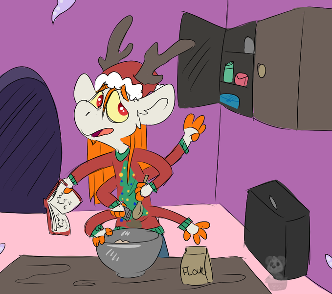 Size: 1100x972 | Tagged: anthro, anthro oc, antlers, artist:lilsunshinesam, baking, book, bowl, cabinet, clothes, derpibooru import, flour, gift art, hybrid, interspecies offspring, mixing bowl, multiple arms, oc, oc:sunbeam, offspring, parent:discord, parent:princess celestia, parents:dislestia, safe, solo, sweater