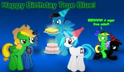 Size: 4341x2521 | Tagged: safe, artist:agkandphotomaker2000, derpibooru import, vinyl scratch, oc, oc:arnold the pony, oc:dusty notes, oc:jazz notes, oc:pony video maker, oc:true blue, pegasus, pony, unicorn, birthday, birthday cake, birthday card, birthday hats, cake, candle, canon x oc, clothes, cowboy hat, dialogue, disgusted, family, female, filly, flying, food, happy, hat, levitation, magic, male, oc x oc, ploy, ploy cake, red and black mane, red and black oc, shipping, show accurate, straight, sugar free, sugar free cake, tackled, telekinesis, vest, videoscratch, wings