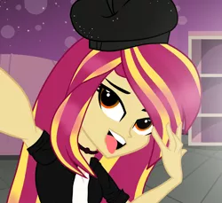 Size: 1482x1360 | Tagged: safe, artist:galacticflashd, derpibooru import, oc, oc:styler selvano, unofficial characters only, equestria girls, bedroom, beret, choker, clothes, cupboard, female, hat, not sunset shimmer, open mouth, pose, selfie, solo, tongue out