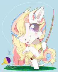 Size: 1419x1751 | Tagged: safe, artist:hikariviny, derpibooru import, oc, oc:rainbow dreams, anthro, pegasus, pony, animal crossing, blue background, blushing, clothes, clover, colored horn, dress, female, fishing rod, hair over one eye, hoof hold, horn, simple background, two toned wings, wings