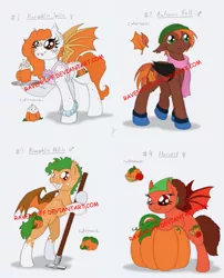 Size: 1577x1948 | Tagged: safe, artist:ravenpuff, deleted from derpibooru, derpibooru import, oc, oc:autumn fall, oc:harvest, oc:pumpkin patch, oc:pumpkin spice, unofficial characters only, bat pony, pony, apron, bat pony oc, bat wings, bipedal, clothes, coffee, female, floppy ears, freckles, hat, hoe, hoof hold, male, mare, naked apron, pumpkin, scarf, socks (coat marking), stallion, tray, wings