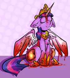 Size: 1536x1697 | Tagged: grimdark, artist:glitchedout, derpibooru import, twilight sparkle, pony, unicorn, blood, chest fluff, crown, fake alicorn, fake cutie mark, female, hoof shoes, horn, implied murder, jewelry, mare, peytral, regalia, sitting, smiling, solo, speedpaint available, spread wings, unicorn twilight, usurpation, wings