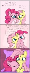Size: 946x2301 | Tagged: safe, artist:nuxersopus, derpibooru import, fluttershy, pinkie pie, pony, bed, blushing, comic, female, flutterpie, lesbian, pillow, shipping, sleeping together, smiling, wavy mouth