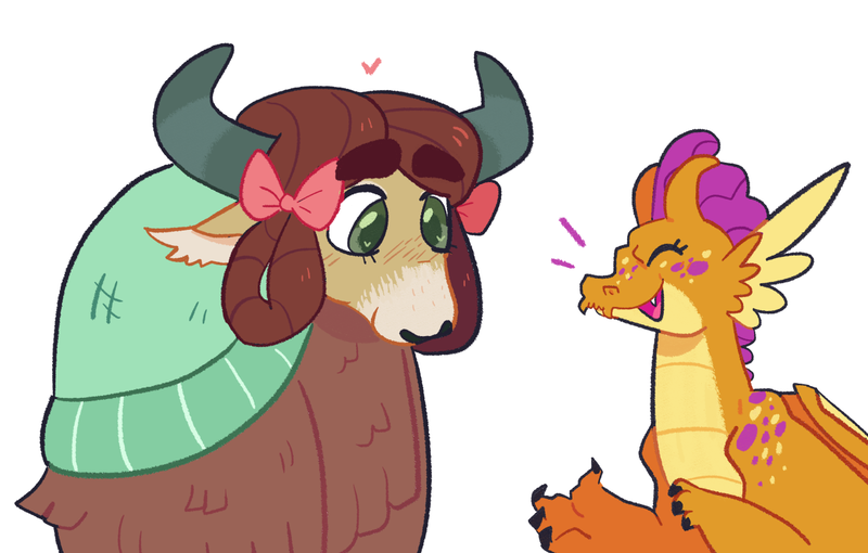 Size: 1280x816 | Tagged: artist:goatpaste, blushing, cute, derpibooru import, dragon, female, heart, heart eyes, laughing, lesbian, redesign, safe, shipping, smolder, smolderbetes, wingding eyes, yak, yona, yonadorable, yonder