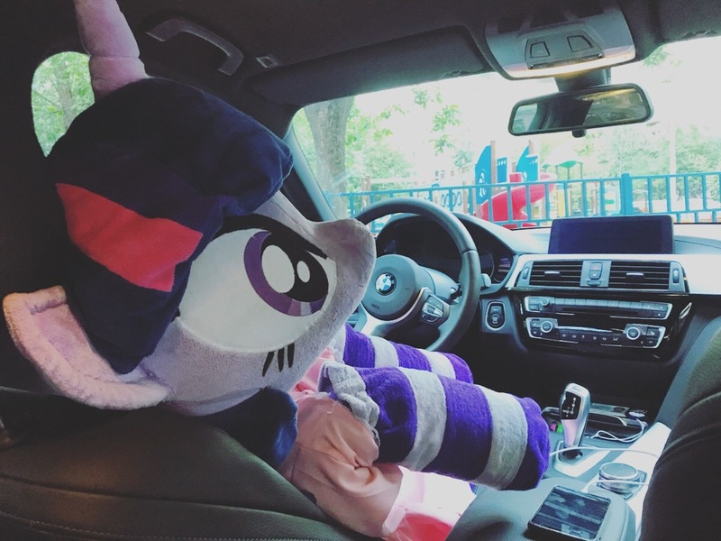 Size: 1201x900 | Tagged: artist:epicrainbowcrafts, bmw, car, clothes, derpibooru import, dress, irl, photo, plushie, russia, safe, socks, solo, striped socks, twilight sparkle