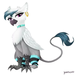 Size: 1181x1181 | Tagged: safe, artist:yuntaoxd, derpibooru import, oc, oc:izzy, unofficial characters only, gryphon, choker, clothes, collar, female, goth, gothic, griffon oc, paws, piercing, simple background, sitting, socks, solo, stockings, talons, thigh highs, transparent background