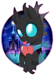 Size: 1502x2095 | Tagged: safe, artist:souleevee99, derpibooru import, oc, oc:incantation, unofficial characters only, changeling, fanfic:the enchanted kingdom, fanfic:the enchanted library, bandana, castle of the royal pony sisters, changeling oc, fanfic art, heart, heart pillow, pillow, simple background, solo, tongue out, transparent background