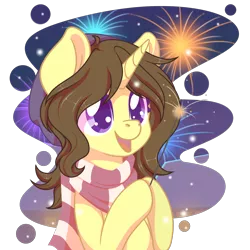 Size: 2100x2100 | Tagged: safe, artist:musicfirewind, derpibooru import, oc, oc:astral flare, unofficial characters only, pony, unicorn, beanie, clothes, cute, fireworks, happy, hat, scarf, simple background, smiling, solo, transparent background