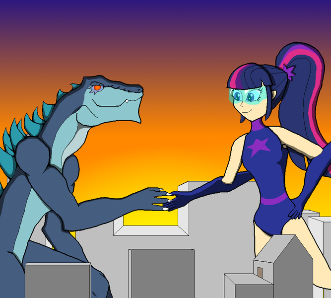 Size: 1000x900 | Tagged: artist:kristaoconnors, derpibooru import, female, giantess, godzilla (1998), godzilla (series), godzilla (tristar), handshake, human, humanized, kaiju, macro, magic gaia, safe, sci-twi, superhero, twilight sparkle, zilla