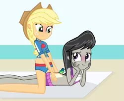 Size: 839x685 | Tagged: suggestive, artist:grapefruitface1, derpibooru import, applejack, octavia melody, equestria girls, appletavia, beach, beach towel, bikini, blushing, breasts, clothes, female, kneeling, lesbian, looking at each other, lying down, shipping, shipping fuel, sunscreen, swimsuit, updated