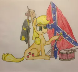 Size: 1280x1194 | Tagged: safe, derpibooru import, applejack, earth pony, pony, american civil war, confederate, confederate flag, cutie mark, drawing, drums, hat, musical instrument, solo, tennessee ernie ford, traditional art