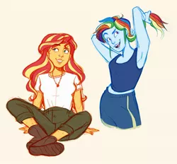 Size: 1815x1683 | Tagged: safe, artist:liviedoesart, derpibooru import, rainbow dash, sunset shimmer, equestria girls, armpits, blouse, clothes, jewelry, necklace, pants, shirt, shoes, shorts, sitting, standing