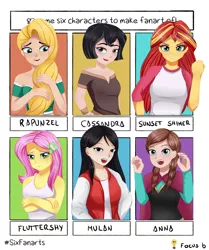 Size: 1280x1529 | Tagged: safe, artist:focusb, derpibooru import, fluttershy, sunset shimmer, human, six fanarts, equestria girls, anna, cassandra, clothes, crossed arms, crossover, disney, disney princess, fa mulan, female, frozen (movie), misspelling, mulan, out of frame, rapunzel, tangled (disney), tangled: the series