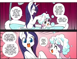 Size: 1954x1486 | Tagged: safe, artist:nekoshiei, derpibooru import, editor:anonycat, seven seas, rarity, sweetie belle, pony, unicorn, my little pony: the manga, bath, bathing, bathing together, bathtub, colored, cropped, female, filly, mare, shampoo, siblings, sisters, tub, washing hair, wet, wet mane