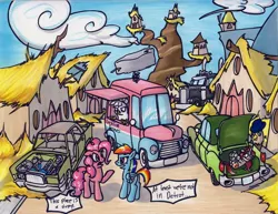 Size: 1024x792 | Tagged: safe, artist:sketchywolf-13, derpibooru import, gilda, pinkie pie, rainbow dash, oc, earth pony, gryphon, pegasus, pony, unicorn, the lost treasure of griffonstone, abandoned, car, detrot, food truck, griffon oc, griffonstone, hat, kidnapped, lincoln (car), lincoln continental, peterbilt, speech bubble, text, tied up, traditional art, truck