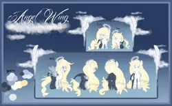 Size: 2100x1300 | Tagged: safe, artist:skulifuck, derpibooru import, oc, oc:angel wings, unofficial characters only, hybrid, pony, base used, female, halo, mare, open mouth, reference sheet, smiling, wings