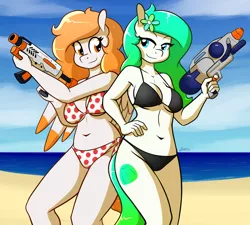 Size: 3000x2694 | Tagged: suggestive, artist:whatsapokemon, derpibooru import, oc, oc:gumdrop, oc:rising dawn, unofficial characters only, anthro, earth pony, pegasus, beach, bikini, black swimsuit, breasts, clothes, duo, female, polka dot swimsuit, super soaker, swimsuit, watergun