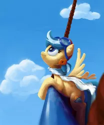 Size: 1280x1536 | Tagged: safe, artist:wallparty, derpibooru import, oc, oc:easy breezy, unofficial characters only, pegasus, pony, aviator goggles, aviator hat, clothes, cloud, con mascot, female, freckles, goggles, hat, hot air balloon, mare, midair pony fair, outdoors, scarf, sky, solo, spread wings, wings
