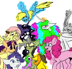 Size: 1092x1054 | Tagged: safe, artist:obscuredflower, derpibooru import, applejack, discord, fluttershy, pinkie pie, rainbow dash, rarity, spike, twilight sparkle, oc, alicorn, draconequus, dragon, earth pony, pegasus, pony, unicorn, frankenpony, gun, handgun, magic, mane seven, mane six, pistol, telekinesis, weapon