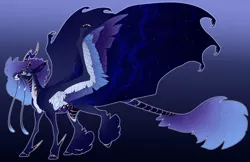 Size: 5100x3300 | Tagged: safe, artist:turnipberry, deleted from derpibooru, derpibooru import, oc, oc:cosmic filigree, unofficial characters only, alicorn, bat pony, bat pony alicorn, alicorn oc, barbels, bat wings, blue background, colored hooves, crooked horn, dewclaw, ethereal fetlocks, ethereal wings, four eyes, gradient background, horn, hybrid wings, leonine tail, offspring, parent:princess luna, parents:canon x oc, simple background, solo, spurs, starry wings, unshorn fetlocks, wing claws, wings