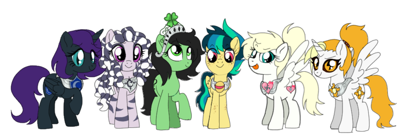 Size: 1093x368 | Tagged: safe, derpibooru import, oc, oc:anonfilly, oc:apogee, oc:dyx, oc:luftkrieg, oc:nyx, oc:zala, unofficial characters only, alicorn, pegasus, pony, zebra, alicorn oc, big crown thingy, cutie mark, element of generosity, element of honesty, element of kindness, element of laughter, element of loyalty, element of magic, elements of harmony, female, filly, horn, jewelry, mane six opening poses, mare, nazi, oc six, ponytail, regalia, simple background, spread wings, swastika, teeth, transparent background, wings