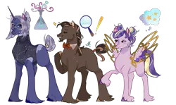 Size: 2114x1257 | Tagged: safe, artist:bunnari, derpibooru import, oc, oc:logical answer, oc:scientific witchery, oc:starry eyes, unofficial characters only, earth pony, pegasus, pony, unicorn, female, male, offspring, parent:derpy hooves, parent:doctor whooves, parent:twilight sparkle, parents:doctorderpy, parents:doctwi, parents:twerpy, simple background, stallion, teenager, transparent background
