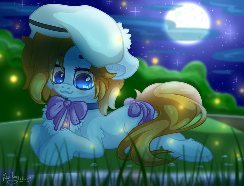 Size: 2100x1600 | Tagged: safe, artist:kindny-chan, derpibooru import, ponified, earth pony, pony, bow, female, hat, higurashi no naku koro ni, night, prone, rena ryuugu, solo, tail bow