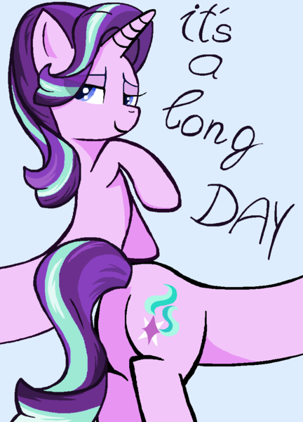 Size: 830x1154 | Tagged: safe, artist:sallycars, derpibooru import, starlight glimmer, pony, unicorn, butt, female, glimmer glutes, long glimmer, long pony, mare, meme, plot, smiling, solo, text