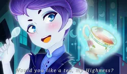 Size: 1280x750 | Tagged: safe, artist:heveagoodday, derpibooru import, rarity, equestria girls, alternate timeline, cup, food, grammar error, implied nightmare moon, night maid rarity, nightmare takeover timeline, solo, spoon, tea, teacup