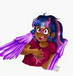 Size: 1966x2048 | Tagged: alicorn, artist:heveagoodday, bust, clothes, cutie mark, cutie mark on clothes, dark skin, derpibooru import, human, humanized, magic, magic circle, safe, scared, shirt, solo, t-shirt, twilight sparkle, twilight sparkle (alicorn), winged humanization, wings