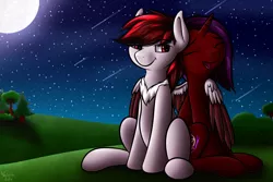 Size: 1500x1000 | Tagged: safe, artist:noctaliansfw, derpibooru import, oc, oc:loki smile, unofficial characters only, pegasus, pony, unicorn, eyes closed, happy, horn, hug, in love, moon, night, outdoors, pegasus oc, shipping, shooting star, sitting, smiling, stars, unicorn oc, winghug, wings