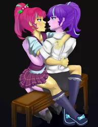 Size: 1280x1657 | Tagged: suggestive, alternate version, artist:jennobasilicum, derpibooru import, sour sweet, starlight glimmer, equestria girls, alternate hairstyle, bedroom eyes, bench, black background, blushing, clothes, crystal prep academy uniform, drool, drool string, female, flats, kissing, lesbian, looking at each other, open mouth, school uniform, shipping, shirt, shoes, simple background, skirt, socks, starsweet, stockings, thigh highs, vest