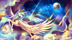 Size: 11339x6378 | Tagged: safe, artist:shu-jeantte, derpibooru import, princess celestia, pony, absurd resolution, earth, flying, mare in the moon, meteor, moon, solo, space