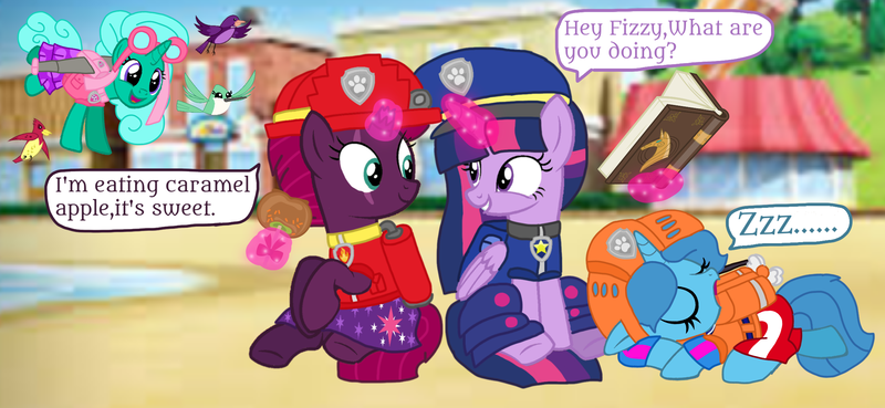 Size: 2340x1080 | Tagged: safe, artist:徐詩珮, derpibooru import, fizzlepop berrytwist, glitter drops, spring rain, tempest shadow, twilight sparkle, twilight sparkle (alicorn), alicorn, bird, unicorn, series:sprglitemplight diary, series:sprglitemplight life jacket days, series:springshadowdrops diary, series:springshadowdrops life jacket days, alternate universe, bisexual, book, broken horn, caramel apple (food), chase (paw patrol), clothes, cute, dialogue, female, flying, food, glitterbetes, glitterlight, glittershadow, horn, lesbian, lifeguard, lifeguard spring rain, marshall (paw patrol), nap, onomatopoeia, paw patrol, polyamory, shipping, skye (paw patrol), sleeping, snoring, sound effects, sprglitemplight, springbetes, springdrops, springlight, springshadow, springshadowdrops, studying, tempestbetes, tempestlight, zuma (paw patrol), zzz