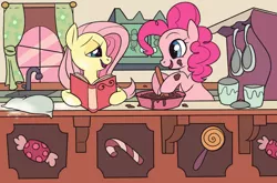 Size: 1280x847 | Tagged: safe, artist:ponycide, derpibooru import, fluttershy, pinkie pie, pony, baking, book, chocolate, food