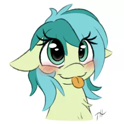 Size: 3250x3250 | Tagged: safe, artist:fakskis, derpibooru import, sandbar, earth pony, pony, 30 minute art challenge, blushing, bust, chest fluff, colored sketch, cute, eye clipping through hair, female, filly, floppy ears, hnnng, portrait, rule 63, rule63betes, sandabetes, sandbank, sketch, solo, tongue out