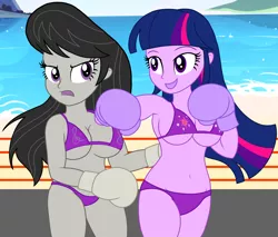 Size: 4700x4000 | Tagged: suggestive, artist:toyminator900, derpibooru import, octavia melody, twilight sparkle, equestria girls, beach, belly button, bikini, boxing, boxing gloves, boxing ring, breasts, clothes, fight, foxy boxing, looking at each other, sports, swimsuit