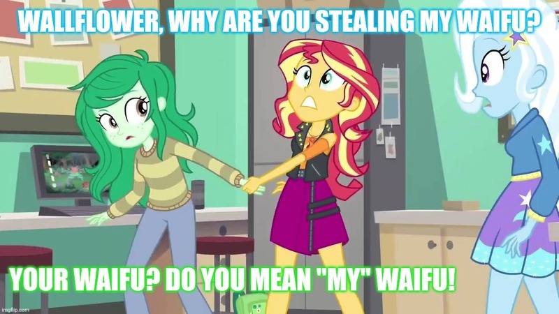 Size: 1192x670 | Tagged: safe, derpibooru import, edit, edited screencap, screencap, sunset shimmer, trixie, wallflower blush, equestria girls, equestria girls series, forgotten friendship, caption, female, image macro, lesbian, meme, shipping, suntrix, text, trixie yells at everything, waifu thief, wallset