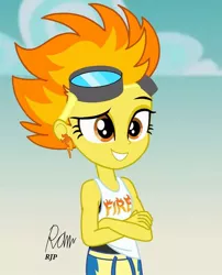 Size: 850x1050 | Tagged: safe, artist:rjp.rammy, deleted from derpibooru, derpibooru import, spitfire, equestria girls, clothes, cloud, crossed arms, ear piercing, earring, equestria girls-ified, female, goggles, grin, jewelry, pants, piercing, sky, sleeveless, smiling, solo, sweatpants, tanktop