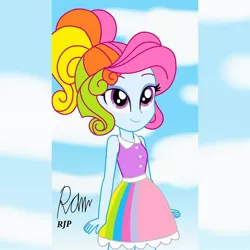 Size: 1080x1080 | Tagged: safe, artist:rjp.rammy, derpibooru import, rainbow dash (g3), equestria girls, alternate hairstyle, clothes, cloud, equestria girls-ified, eyeshadow, female, g3, g3 to equestria girls, generation leap, makeup, rainbow dash always dresses in style, shirt, skirt, sky, sleeveless, solo