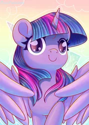 Size: 1280x1807 | Tagged: safe, artist:musicfirewind, derpibooru import, twilight sparkle, twilight sparkle (alicorn), alicorn, pony, cute, female, gradient background, mare, solo, spread wings, twiabetes, wings