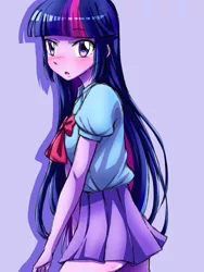 Size: 1080x1440 | Tagged: safe, artist:tastyrainbow, derpibooru import, twilight sparkle, equestria girls, blushing, bow, clothes, cute, female, hand, open mouth, shy, skirt, solo, twiabetes