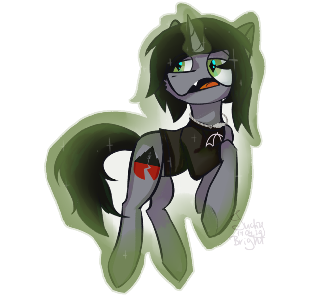 Size: 1422x1287 | Tagged: safe, artist:meaxtonly, derpibooru import, ponified, ponified:kellin quinn, pony, unicorn, clothes, commission, disguise, disguised siren, fangs, floating, glowing horn, horn, jewelry, levitation, magic, male, necklace, open mouth, self-levitation, shirt, signature, simple background, sleeping with sirens, slit eyes, solo, stallion, t-shirt, telekinesis, transparent background, ych result