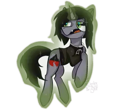 Size: 1422x1287 | Tagged: safe, artist:meaxtonly, derpibooru import, ponified, ponified:kellin quinn, pony, unicorn, clothes, commission, disguise, disguised siren, fangs, floating, glowing horn, horn, jewelry, levitation, magic, male, necklace, open mouth, self-levitation, shirt, signature, simple background, sleeping with sirens, slit eyes, solo, stallion, t-shirt, telekinesis, transparent background, ych result