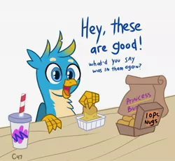 Size: 1308x1203 | Tagged: safe, artist:handgunboi, derpibooru import, gallus, bird, chicken, gryphon, burger king, cannibalism, cannibalism joke, carnivore, chicken meat, chicken nugget, cute, dialogue, dipping sauce, drink, food, gallabetes, gallus the rooster, griffons doing griffon things, implied cannibalism, male, meat, nugget, paper bag, redraw, simple background, soda, solo, table, this will not end well, white background, wood